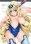  blonde_hair blue_eyes blue_leotard breasts cameltoe cecilia_alcott cover cyclone dildo headgear infinite_stratos large_breasts leotard long_hair nipples pilot_suit solo sweat thighhighs topless 