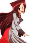  animal_ears blush brooch brown_hair fang honda_takaharu imaizumi_kagerou jewelry long_hair open_mouth red_eyes solo touhou very_long_hair white_background wolf_ears 