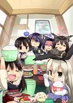  :&gt; :&lt; :d :t =_= akagi_(kantai_collection) black_hair blonde_hair bowl bread chopsticks eating elbow_gloves eyepatch food food_on_face fried_rice gloves grey_eyes hair_ribbon hand_on_own_face heart japanese_clothes kaga_(kantai_collection) kantai_collection multiple_girls muneate mushroom nagato_(kantai_collection) open_mouth purple_hair rensouhou-chan ribbon rice rice_bowl rice_on_face rice_spoon romaji shaded_face shimakaze_(kantai_collection) side_ponytail sitting skirt smile soy_sauce spoon sushi suzune_kotora tasuki tatsuta_(kantai_collection) tenryuu_(kantai_collection) trembling v-shaped_eyebrows yellow_eyes 