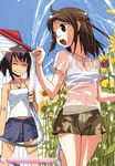  2girls absurdres bra brown_eyes brown_hair copyright_request denim_skirt flower grin highres kurusu_tatsuya multiple_girls outdoors see-through shirt short_hair shorts smile summer sunflower underwear water wet wet_clothes wet_shirt 