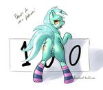  amber_eyes anus blush butt cutie_mark english_text equine female feral friendship_is_magic fur green_fur hair hieronymuswhite horn horse looking_at_viewer lyra_(mlp) lyra_heartstrings_(mlp) mammal my_little_pony pony pussy socks solo text two_tone_hair unicorn 