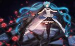  7th_dragon_(series) 7th_dragon_2020 aqua_eyes aqua_hair bad_id bad_pixiv_id crossed_legs floating_hair flower hatsune_miku long_hair luhan_wanyan_cat outstretched_arms petals rose sitting skirt solo spread_arms thighhighs twintails very_long_hair vocaloid 