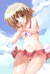  1girl bikini bird blush breasts brown_eyes brown_hair cameltoe cowboy_shot frilled_bikini frills from_below gluteal_fold hair_ornament hairpin hands_together hidamari_sketch highres hips misagi_nagu mound_of_venus navel ribbon short_hair sky smile solo swimsuit thigh_gap wet yuno 