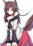  ahoge animal_ears bad_hands bare_shoulders blush breasts brooch brown_hair cleavage collar dress imaizumi_kagerou jewelry kneeling leash long_hair long_sleeves looking_at_viewer medium_breasts nyakonro_(nekonro) red_eyes simple_background sketch solo tail touhou white_background wolf_ears wolf_tail 