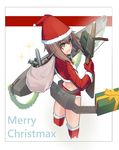  absurdres aircraft airplane ammunition boat brown_eyes brown_hair from_behind highres kantai_collection looking_at_viewer looking_back open_mouth sack santa_costume sein_(tgf19911119) short_hair solo taihou_(kantai_collection) thighhighs watercraft weapon 