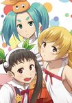  aqua_hair backpack bag bare_shoulders black_hair blonde_hair blush_stickers dress fang green_eyes hachikuji_mayoi hairband hat long_hair monogatari_(series) multiple_girls murata_isshin ononoki_yotsugi oshino_shinobu overalls pointy_ears red_eyes ribbon skirt smile star twintails yellow_eyes 