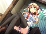  1girl black_legwear blonde_hair blush bow chair erect! game_cg green_eyes legs_crossed long_hair necktie panties pantyshot piromizu school_uniform seifuku sitting skirt thighhighs tiana_jill_lilithtia tie underwear upskirt 