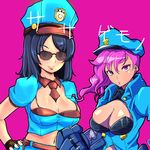  alternate_costume bad_id bad_pixiv_id between_breasts black_hair blue_eyes breasts caitlyn_(league_of_legends) chiyo_koharu cleavage cleavage_cutout fingerless_gloves gauntlets gloves hat highres large_breasts league_of_legends long_hair looking_at_viewer midriff multiple_girls navel necktie necktie_between_breasts officer_caitlyn officer_vi pink_background pink_eyes pink_hair police police_hat police_uniform policewoman simple_background smile sunglasses translation_request uniform vi_(league_of_legends) 