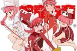  :3 barefoot baton baton_(instrument) bodysuit bow bowtie collage expressions hat jacket jakuzure_nonon kill_la_kill open_mouth ozu_roji pink_eyes pink_hair red_bodysuit shako_cap sidelocks symphony_regalia track_jacket uniform 