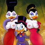  beauty_mark black_hair blue_eyes breasts choker clothing disney duck ducktales ear_piercing eyewear featherika_von_strangeduck female flashing glasses green_eyes hair hat male millionara_vanderbucks necklace nipples piercing scrooge_mcduck sunsetriders7 top_hat treasure 