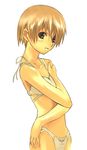  blonde_hair copyright_request expressionless flat_chest looking_at_viewer nagi_ryou parted_lips self_hug short_hair simple_background solo underwear underwear_only 