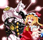  ascot blonde_hair crossover fangs flandre_scarlet hat highres jojo_no_kimyou_na_bouken killer_queen looking_at_viewer open_mouth outstretched_arm pink_eyes power_connection rakku_(10219563) red_eyes short_hair side_ponytail skirt skirt_set smile stand_(jojo) touhou wings 