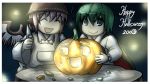  2girls :d bangs banned_artist bug character_request closed_mouth commentary english_commentary english_text eyes_closed firefly glowing green_hair grin hair_between_eyes happy_halloween hat holding holding_knife insect jack-o&#039;-lantern knife long_sleeves looking_at_viewer multiple_girls open_mouth purple_hair reef smile touhou tree_stump wide_sleeves wings 