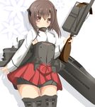  armor aruka_(alka_p1) bike_shorts black_legwear blush bow_(weapon) brown_eyes brown_hair corset crossbow flat_chest hakama_skirt headband headgear kantai_collection pleated_skirt short_hair skirt smile solo taihou_(kantai_collection) thighhighs weapon 