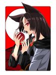  akeboshi_kagayo animal_ears apple bad_id bad_pixiv_id brooch brown_hair food fruit imaizumi_kagerou jewelry long_sleeves looking_at_viewer open_mouth red_eyes shirt solo touhou upper_body wide_sleeves wolf_ears 