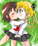  blonde_hair blue_eyes blush brown_hair closed_eyes copyright_name hair_ribbon kill_me_baby kiss multiple_girls necktie oribe_yasuna red_neckwear ribbon school_uniform short_hair skirt sonya_(kill_me_baby) t2 twintails yuri 