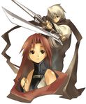  1girl bare_shoulders cloak copyright_request dual_wielding expressionless hair_over_one_eye holding long_hair looking_at_viewer looking_away nagi_ryou red_hair silver_hair very_long_hair 