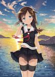  adjusting_hair black_hair blue_eyes braid gloves hair_ornament hairclip kantai_collection kurasawa_moko long_hair looking_at_viewer pleated_skirt ribbon school_uniform serafuku shigure_(kantai_collection) single_braid skirt smile solo sunset water 