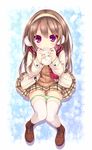  blush bow bow_panties brown_hair coat eating food green_panties hairband long_hair original panties panty_pull plaid plaid_skirt purple_eyes ribbed_sweater ryo scarf skirt solo sweater taiyaki thighhighs underwear wagashi white_legwear zettai_ryouiki 