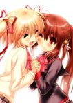  :d ;) ^_^ bell blonde_hair bow bowtie brown_hair brown_skirt cheek-to-cheek closed_eyes cowboy_shot hair_bell hair_ornament hair_ribbon holding_hands kamikita_komari little_busters! long_hair long_sleeves multiple_girls natsume_rin one_eye_closed open_mouth pink_bow plaid plaid_skirt ponytail red_bow red_eyes red_neckwear ribbon school_uniform short_hair simple_background skirt smile two_side_up white_background zen 