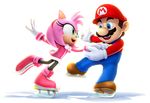  1boy 1girl ahoge amy_rose anthro big_nose blue_eyes cap crossover duo facial_hair female furry gloves green_eyes hairband hat human ice_skates ice_skating male mammal mario mario_&amp;_sonic_at_the_olympic_games mario_bros mustache nintendo official_art open_mouth sega skating sonic_(series) sonic_team sonic_the_hedgehog super_mario_bros. video_games white_gloved 