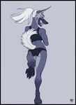  blue_eyes butt canine curled_tail cyera dancing folf fox hindpaw hybrid krinkels mammal monochrome muscles pawpads paws silver_hair smile teeth wolf 