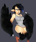  black_hair boggle bottomless breasts cigarette earrings eyebrows feathered_wings grey_background highres jewelry original pointy_ears purple_eyes raven_(boggle) short_hair smoking stud_earrings talons tank_top thick_eyebrows wings 