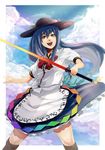  blue_hair blue_sky boots cloud day food fruit hat hinanawi_tenshi long_hair minami_koyogi peach red_eyes sky smile solo sword_of_hisou touhou weapon 