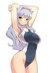  armpits arms_up blush breasts competition_swimsuit covered_navel curvy hair_intakes hairband highres idolmaster idolmaster_(classic) kyokutou_hentai_samurai large_breasts long_hair one-piece_swimsuit red_eyes shijou_takane silver_hair simple_background smile solo swimsuit white_background wide_hips 
