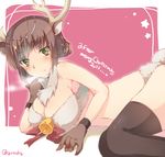  amanatsu_yuzuka animal_ears antlers bad_id bad_pixiv_id bandeau bell blush breasts brown_gloves brown_hair christmas cleavage gloves green_eyes hair_bun jewelry large_breasts lying navel original parted_lips reindeer_antlers reindeer_ears ribbon short_hair solo thighhighs 