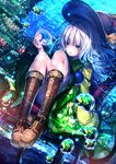  blue_flower blue_rose boots bubble chair coral eyeball flower green_eyes green_skirt hat highres komeiji_koishi open_mouth rose ryosios silver_hair sitting skirt solo third_eye touhou underwater 
