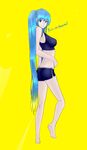  absurdres aqua_hair ass back barefoot berserkert blue_eyes breasts dimples_of_venus highres large_breasts league_of_legends long_hair looking_at_viewer short_shorts shorts smile soles solo sona_buvelle sports_bra twintails very_long_hair watermark web_address yellow_background 