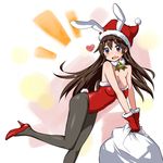  :d animal_ears bell blush breasts brown_hair bunny_ears bunny_tail bunnysuit choker christmas cleavage fang fur_trim gloves hat heart high_heels large_breasts leotard long_hair open_mouth original pantyhose purple_eyes red_gloves red_leotard ribbon sack santa_hat smile solo tail zaxwu 