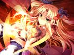  1girl blonde_hair bow erect! fire game_cg green_eyes long_hair piromizu pointy_ears tiana_jill_lilithtia wings 