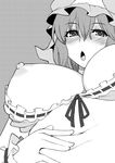  blush borrowed_design bra bra_pull breasts from_below greyscale hand_on_own_stomach hat kupala large_breasts looking_at_viewer looking_down monochrome navel nipples open_mouth plump saigyouji_yuyuko short_hair solo touhou triangular_headpiece underwear wristband 