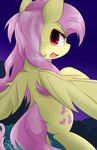  cutie_mark dshou equine evil_grin fangs feathers female flutterbat flutterbat_(mlp) fluttershy_(mlp) forest friendship_is_magic fur hair horse long_hair looking_at_viewer mammal my_little_pony night open_mouth outside pegasus pink_hair pony red_eyes smile solo tongue tree wings yellow_fur 