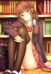  brown_eyes brown_hair headphones noririn original school_uniform solo thighhighs 