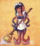  apron black_hair breasts breasts_outside broom cephalopod_eyes dalehan head_tilt maid maid_apron maid_headdress monster_girl octopus original sidelocks solo tentacles valve yellow_eyes 