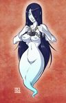  black_hair breasts chain dalehan detached_sleeves ghost ghost_tail glowing glowing_eyes hair_over_one_eye half-closed_eyes lock long_hair medium_breasts nipples no_pussy nose original padlock slender_waist smile solo 