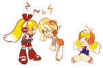 =_= bandaid blonde_hair blue_eyes blush_stickers call_(mighty_no._9) call_e call_f call_h garrison_cap green_eyes hat headphones headset long_hair mighty_no._9 multicolored_hair multiple_girls multiple_persona pontata ponytail robot_joints side_ponytail twintails two-tone_hair 