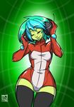  alien aqua_hair bad_id bad_tumblr_id black_legwear bodysuit closed_eyes dalehan green_hair green_skin happy headphones leotard listening_to_music multicolored_hair nalani_(dalehan) original red_leotard short_hair smile solo thigh_gap thighhighs two-tone_hair wide_hips 