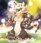  black_fur blonde_hair book bracelet breasts cat chain dragoon86 ear_piercing equine feline female fur grass hair horn jewelry looking_at_viewer mammal moon mountain necklace open_mouth outside pawn pawpads piercing smile solo tan_fur tongue unicorn voluptuous yellow_eyes 