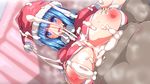  1girl blue_eyes blue_hair blush breast_squeeze breasts censored clothed_sex cum cum_on_body cum_on_breasts cum_on_clothes cum_on_hair cum_on_upper_body dhimetoro ejaculation hat huge_breasts long_hair nipples open_mouth paizuri penis santa_hat shiny shiny_skin smile sweat 