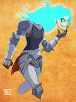  aqua_eyes aqua_hair armor cropped_legs dalehan dullahan faulds full_armor glowing glowing_eyes glowing_hair long_hair monster_girl original severed_head solo 