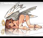  angel anklet barefoot blue_eyes brown_hair feet halo jewelry letterboxed nancou_(nankou) original panties parted_lips pointy_ears reflection reflective_floor solo top-down_bottom-up topless underwear wings 