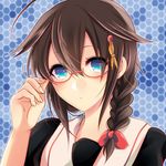  adjusting_eyewear ahoge bespectacled black_hair blue_eyes braid glasses hair_ornament hair_over_shoulder hairclip honeycomb_(pattern) honeycomb_background kantai_collection long_hair looking_at_viewer school_uniform semi-rimless_eyewear serafuku shigure_(kantai_collection) shisei_(kyuushoku_banchou) single_braid solo 