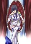  black_hair blue_eyes boots breasts chair crossed_legs epaulettes kill_la_kill kiryuuin_satsuki large_breasts long_hair minami_koyogi school_uniform sitting skirt solo thigh_boots thighhighs 