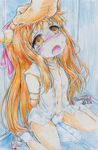  absurdres bdsm blush bondage bound colored_pencil_(medium) hand_on_another's_head head_grab highres horn ibuki_suika long_hair navel nichibotsu_(kitaziman) orange_eyes orange_hair panties pee peeing peeing_self sitting solo_focus tears touhou traditional_media underwear wariza 