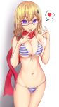  1girl :p absurdres ahoge as_val_(girls_frontline) bad_hands bangs bikini blonde_hair blue_eyes breasts cleavage eyebrows_visible_through_hair franz_(217franz) girls_frontline glasses hair_between_eyes hair_ornament hairclip heart highres holding holding_stuffed_animal long_hair looking_at_viewer medium_breasts multicolored multicolored_bikini multicolored_clothes navel pill red-framed_eyewear red_scarf scarf semi-rimless_eyewear side-tie_bikini sidelocks solo spoken_heart stomach striped striped_bikini stuffed_animal stuffed_toy swimsuit teddy_bear thighs tongue tongue_out 