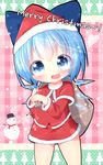  akisha bad_id bad_pixiv_id bag blue_eyes blue_hair bow capelet cirno fang hair_bow hat highres ice ice_wings looking_at_viewer merry_christmas open_mouth red_capelet santa_costume santa_hat shirt skirt smile snowman solo touhou wings 